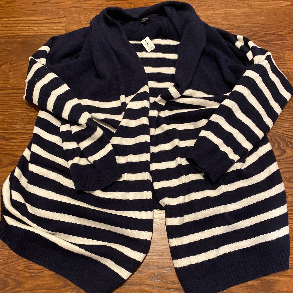 Brand New (NWT) Talbots Navy Blue and White Striped Long Cardigan (Size 3X)